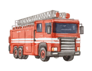 Watercolor fire truck isolated on white background