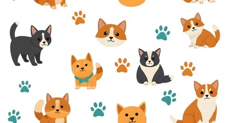 Obraz premium Cute Cartoon Cats and Paw Prints Pattern on White Background for Children's Designs