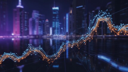 Digital graph over city skyline at night data technology