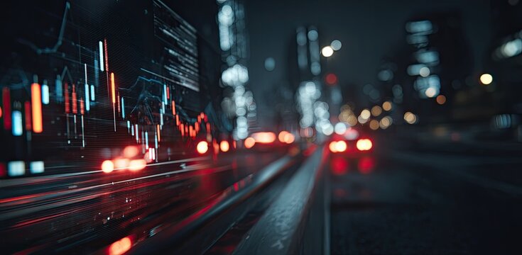 Financial data displayed on a screen, overlaid with a blurred image of a city street at night, showing traffic and city lights