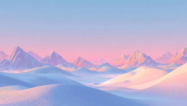 Pastel-toned, dreamy landscape of snow-capped mountains and dunes at sunrise - Powered by Adobe