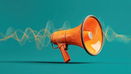 Orange megaphone on teal background with sound waves