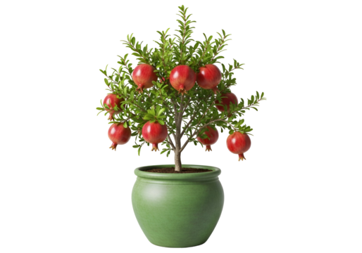 A pomegranate bonsai tree in a green pot against a black background. - Powered by Adobe