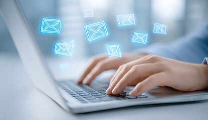 Hands typing on a laptop, email icons overlay