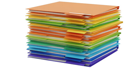 Stack of colorful file folders isolated on transparent background