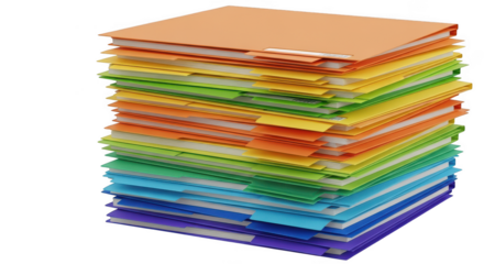Stack of colorful file folders isolated on transparent background