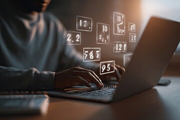 Person using laptop, numbers overlay
