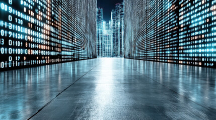 Digital cityscape with binary code futuristic technology urban illuminated
