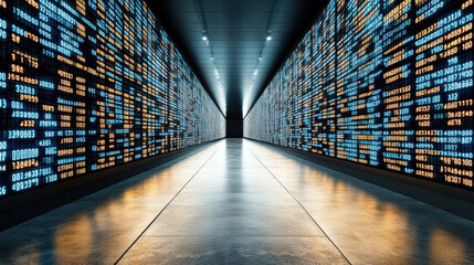 Digital data technology information data storage server room illuminated futuristic corridor