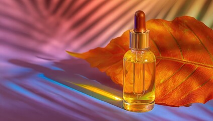 Naklejka premium Amber serum bottle, fall leaf backdrop