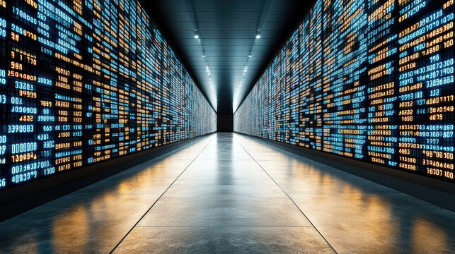Digital data technology information data storage server room illuminated futuristic corridor