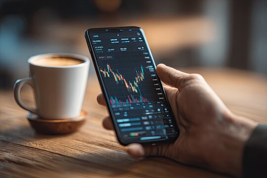 Smartphone displaying stock chart, beside coffee cup