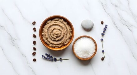 Natural spa ingredients coffee scrub, salt, and lavender on marble