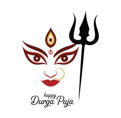 Durga Puja illustration featuring goddess Durga’s stylized face with flame symbol, trishul, bindi, and festive text celebrating divine power