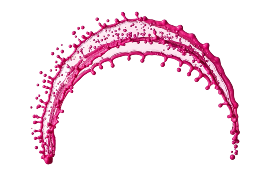 A vibrant, dynamic splash of fuchsia liquid forms a graceful arc against a stark black background, showcasing the fluid motion and detailed droplets.