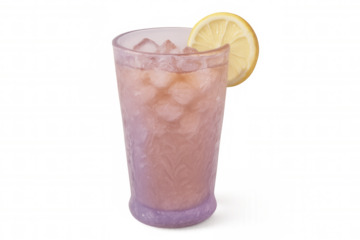 Glass of refreshing pink lemonade with ice cubes and a lemon slice, isolated on a transparent background
