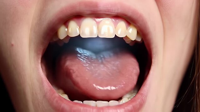 Detailed Macro Shot of a Widely Opened Mouth Displaying White Teeth Pink Tongue and Throat for Medical and Dental Visualizations and Emphasizing Oral Health and Examination