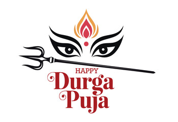 Durga Puja festive illustration with goddess eyes, trishul, and flame symbol, celebrating Hindu spirituality, victory, and divine power