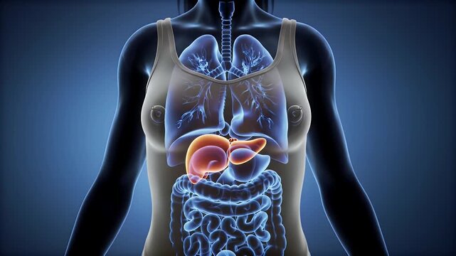 Detailed Medical Visualization of a Woman's Torso with Highlighted Liver Pancreas and Digestive System on Gradient Blue Background for Educational Health Related Content