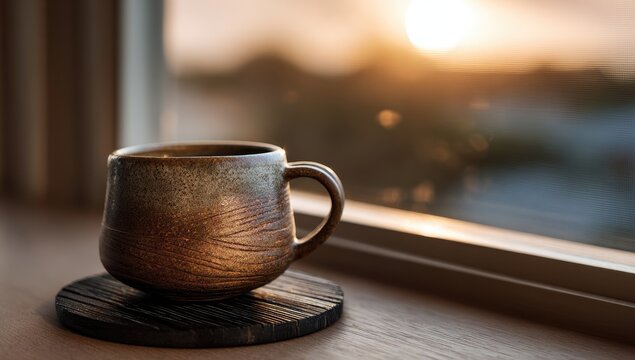 A ceramic coffee mug sits on a wooden coaster by a window, enjoying the sunset