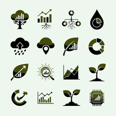 Black ecology icons set with nature, recycling, and water symbols, a vector illustration of sustainable energy and a natural house