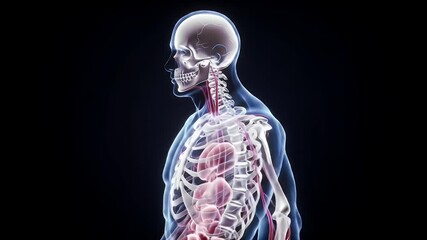 Detailed Semi Transparent Stylized Human Anatomy Model Rotating on Dark Blue Background Featuring Skeletal Structure Internal Organs and Vascular System for Medical Visualizations - Powered by Adobe