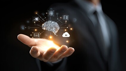 A person's hand holds a holographic brain, connected to digital icons, against a dark background