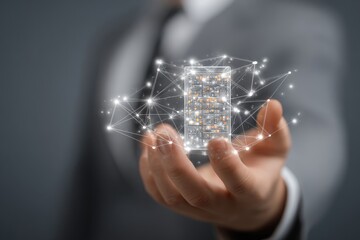 Businessperson holds a 3D model of a server farm, networked with glowing connections