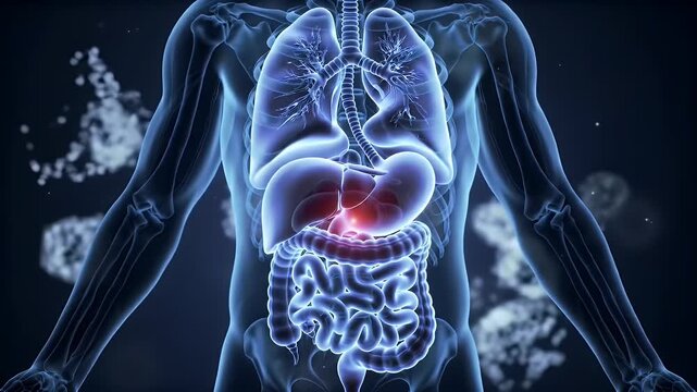 Detailed Transparent Anatomical Illustration of Illuminated Human Organs Lungs Liver Stomach and Intestines on Dark Blue Background with Floating Particles for Medical Presentation or Science