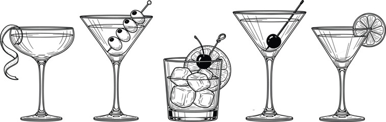 Cocktail glass vector set with martini, whiskey, coupe and garnish illustrations in black and white line art style