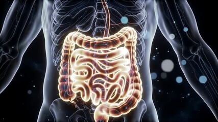 Detailed Visualization of Translucent Human Body Highlighting the Digestive System Including the Colon and Small Intestine Emitting a Bioluminescent Glow in a Dark Setting Illustrating Gut Health and