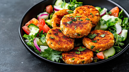Fototapeta premium Spiced lentil patties served on fresh salad with vibrant vegetables and herbs