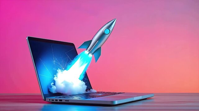 Rocket launch from laptop computer, symbolizing assistant agent autonomy and job automation using futuristic AGI technology for growth. 4k video