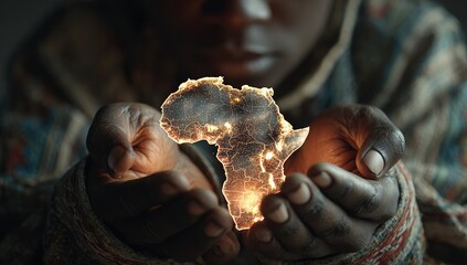 Africa map holographically held in cupped hands