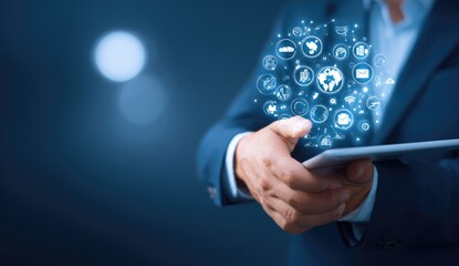 Businessperson interacts with digital tablet, displaying various icons