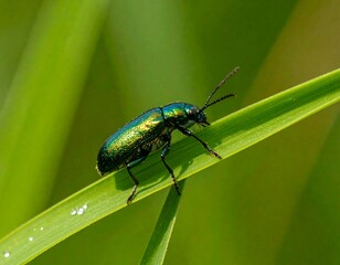 Fototapeta premium Beetle on Grass Blade Closeup (1)