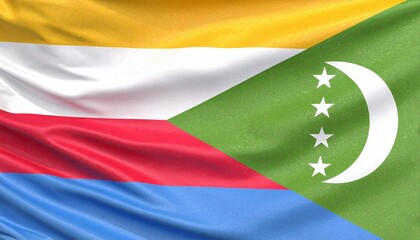 Comoros national flag with horizontal yellow, white, red, and blue stripes, green triangle, crescent, and four stars.