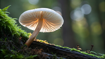 A solitary mushroom with a luminous, translucent cap is illuminated from behind, surrounded by lush green moss on a fallen log in a tranquil forest