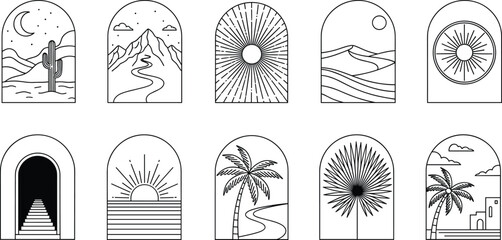 Minimalist desert and tropical landscape line art illustrations with mountains cacti palm trees sunrise sunset dunes and abstract arched frames © PixelsWorld