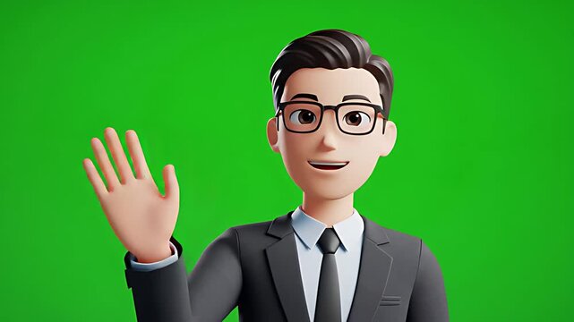 3D Businessman Character Waving Hand on Green Screen Animation