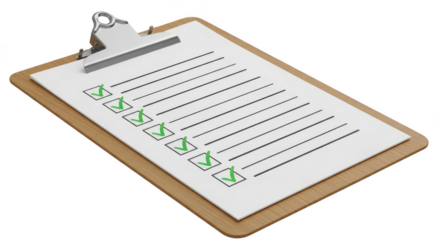 Clipboard with checklist and green check marks isolated on transparent background