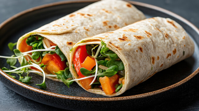 Fresh vegetable wrap with microgreens and colorful peppers on ceramic plate