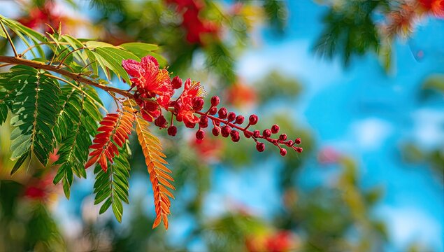 Vibrant pink flowers and buds on a tree branch against a vibrant blue sky