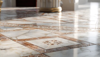 Naklejka premium Detailed close-up of a patterned marble-look tile floor, featuring decorative borders and floral designs