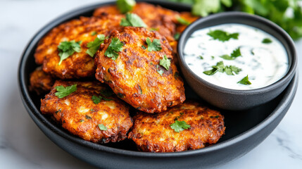 Fototapeta premium Crispy lentil fritters served with yogurt dip, garnished with fresh herbs, create delightful