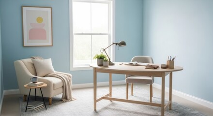 Fototapeta premium Bright and Serene Home Office Interior with Light Blue Walls, Modern Wooden Desk, Upholstered Armchair, and Natural Light for a Peaceful Work or Study Space