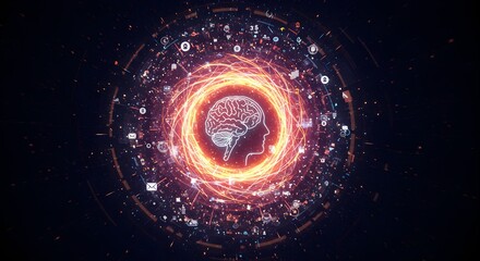Obraz premium Digital brain graphic with orange energy rings