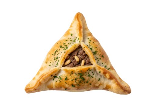 Close-up view of a triangular pastry filled with spiced ground meat and pine nuts, showcasing a golden-brown crust and fresh herbs.
