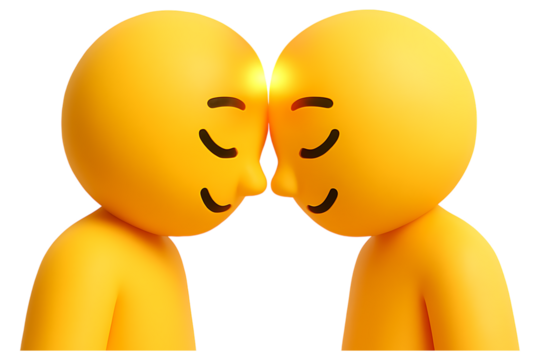 Two 3D characters connecting forehead to forehead with a glow. Isolated icon for a concept of telepathy, deep connection, empathy, or shared ideas.