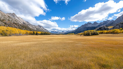 Fototapeta premium Golden grassland stretches beneath vibrant sky, framed by majestic mountains and autumn foliage
